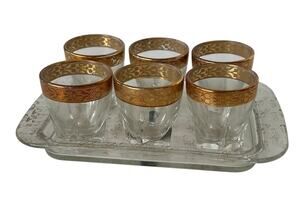 Lorren Home Trends Lorenzo Gold Band Shot Glass Set 6 with Tray Made in Italy